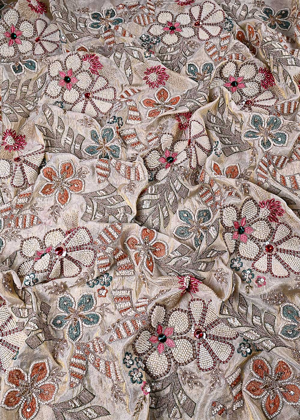 Golden Dyeable Tissue Fabric With All Over Thread, Sequins, Zari, Katdana And Stone Work 23915