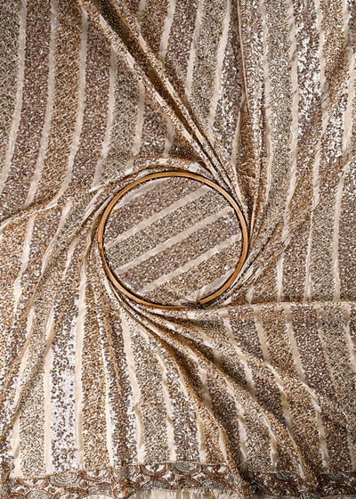 Golden Dyeable Tissue Fabric With All Over Sequins, Katdana And Bead Work With One Side Border 23919