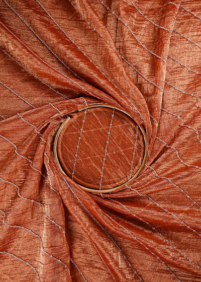 Rust Orange Crushed Tissue Fabric With All Over Katdana Work 23921