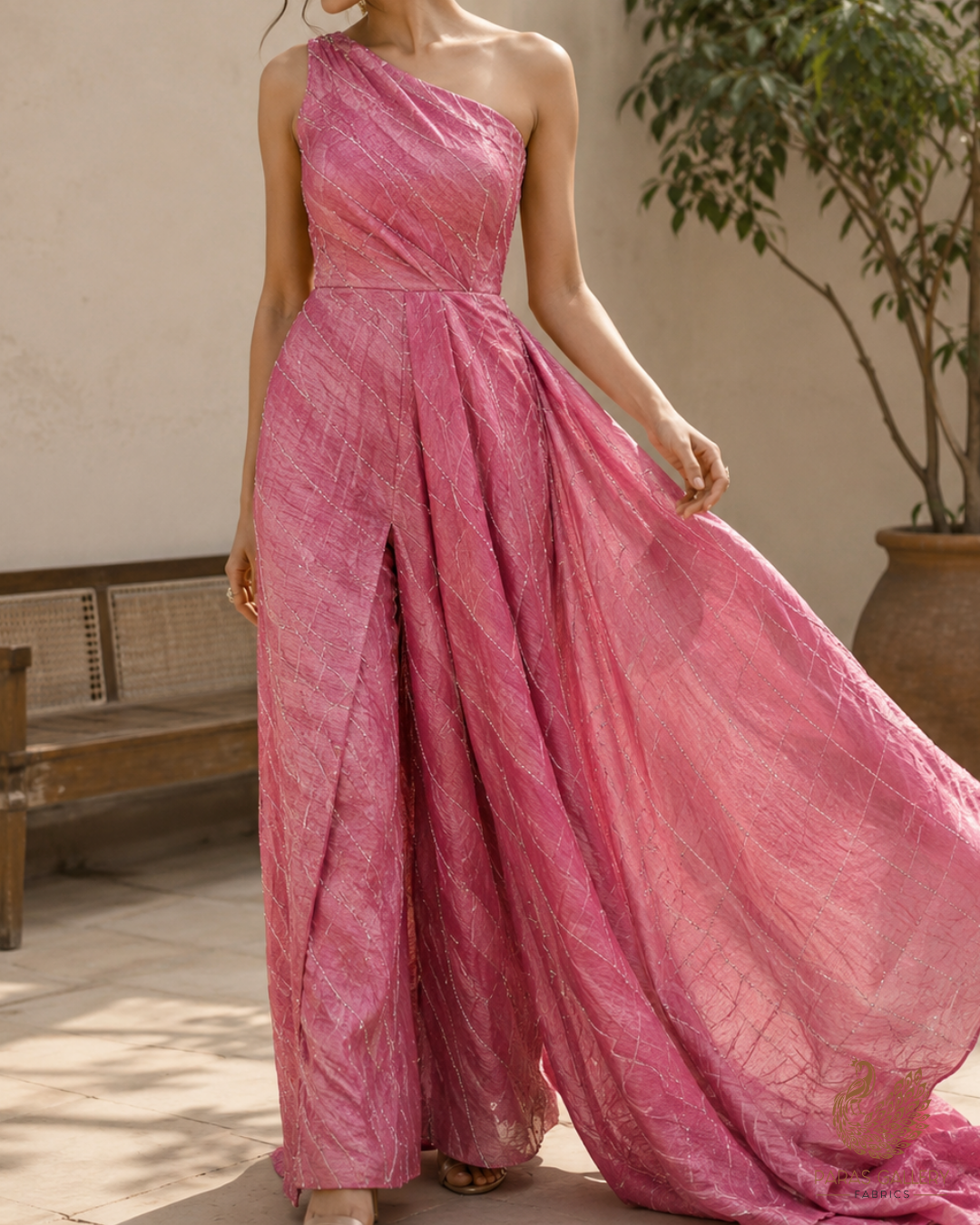 Pink Crushed Tissue Fabric With All Over Katdana Work 23922