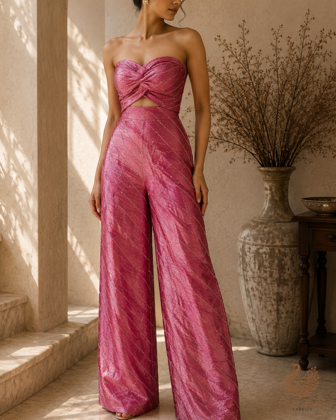 Pink Crushed Tissue Fabric With All Over Katdana Work 23922