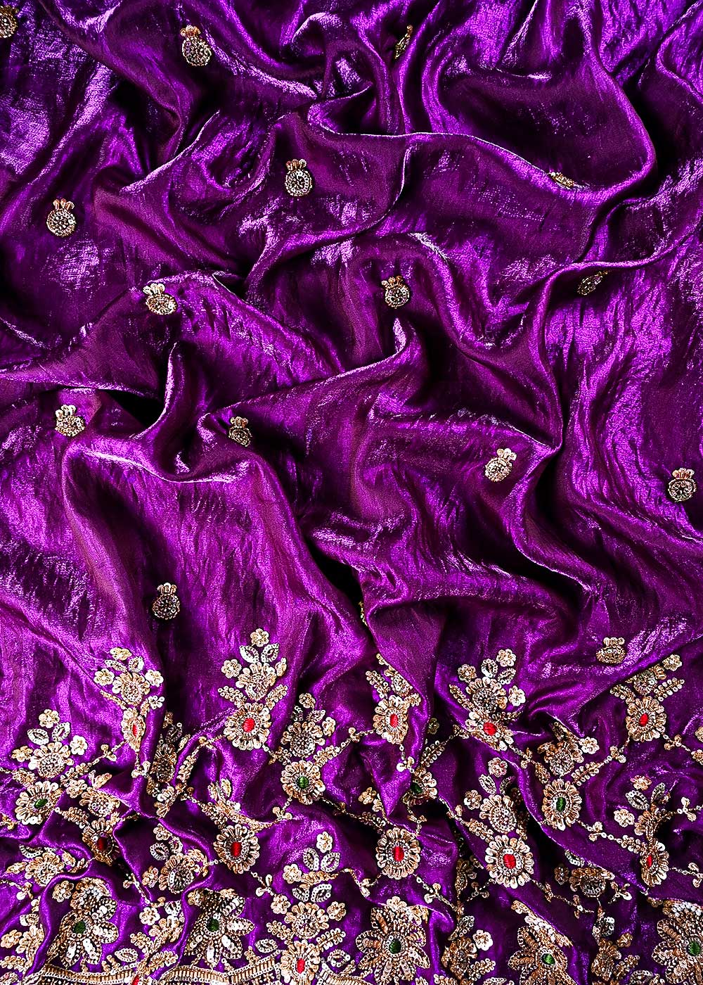 Purple Silk Fabric With All Over Zari, Sequins, Katdana And Bead Work With One Side Heavy Border 23924