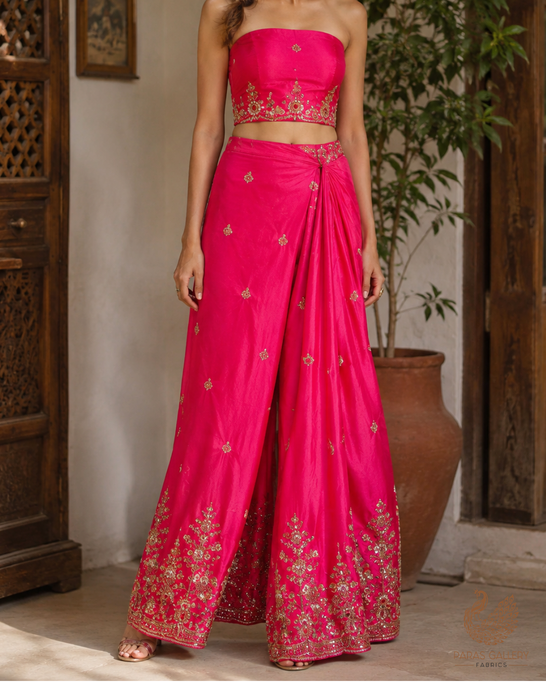 Rani Pink Silk Fabric With All Over Zari, Sequins, Katdana And Bead Work With One Side Heavy Border 23925