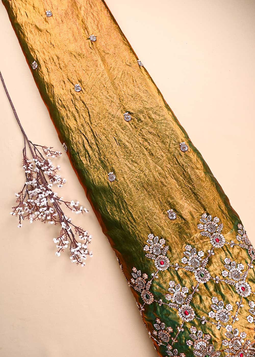 Green Silk Fabric With All Over Zari, Sequins, Katdana And Bead Work With One Side Heavy Border 23926