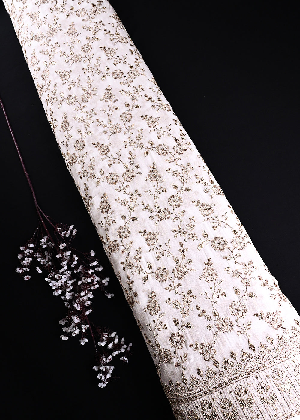 White Dyeable Georgette Fabric With All Over Zari And Sequins Work With One Side Border 23927