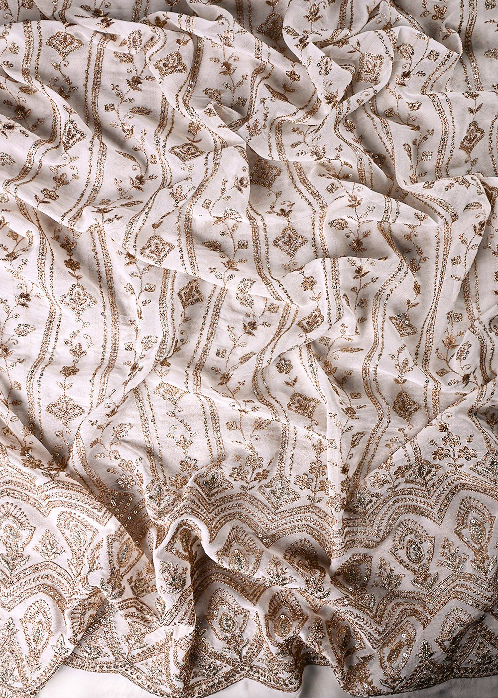 White Dyeable Georgette Fabric With All Over Zari And Sequins Work With One Side Border 23928