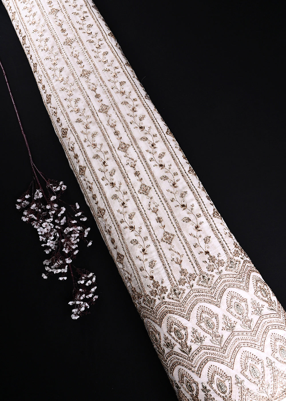 White Dyeable Georgette Fabric With All Over Zari And Sequins Work With One Side Border 23928