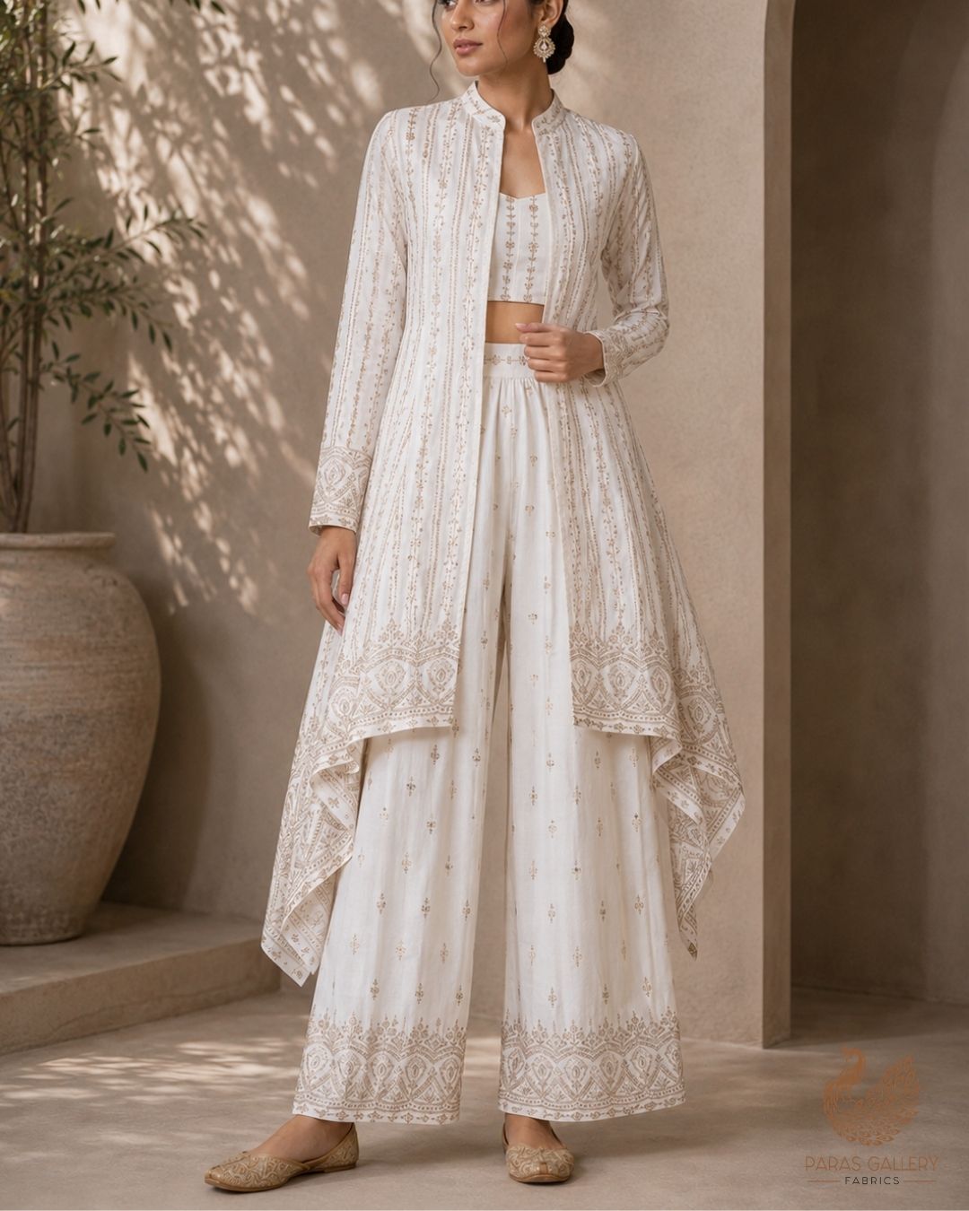 White Dyeable Georgette Fabric With All Over Zari And Sequins Work With One Side Border 23928