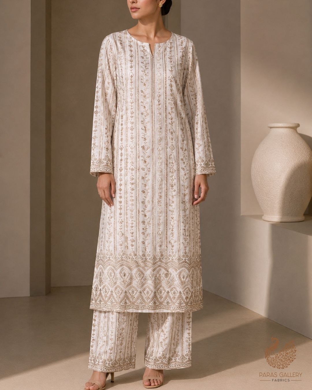 White Dyeable Georgette Fabric With All Over Zari And Sequins Work With One Side Border 23928