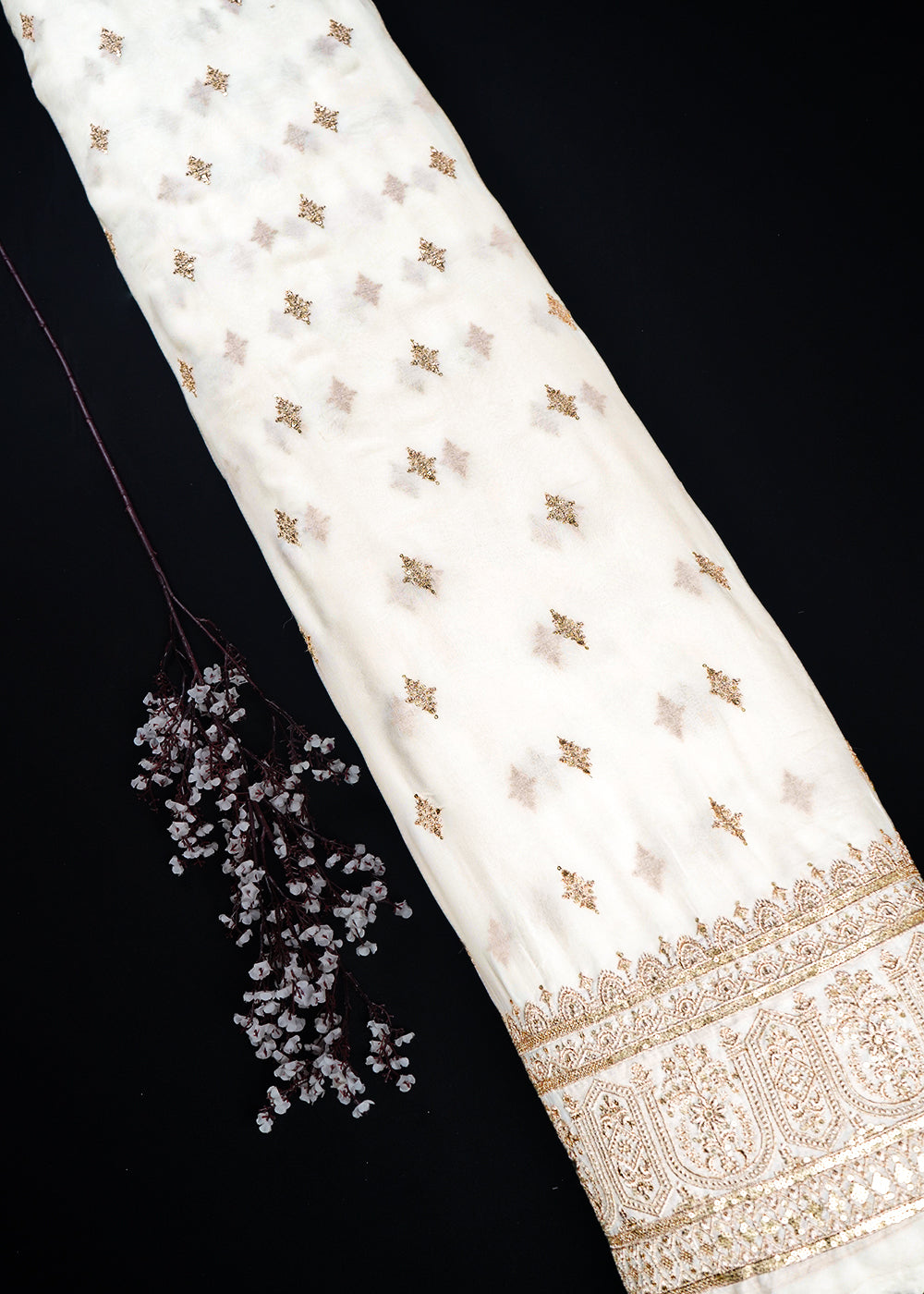 White Dyeable Georgette Fabric With All Over Zari And Sequins Work With One Side Border 23929