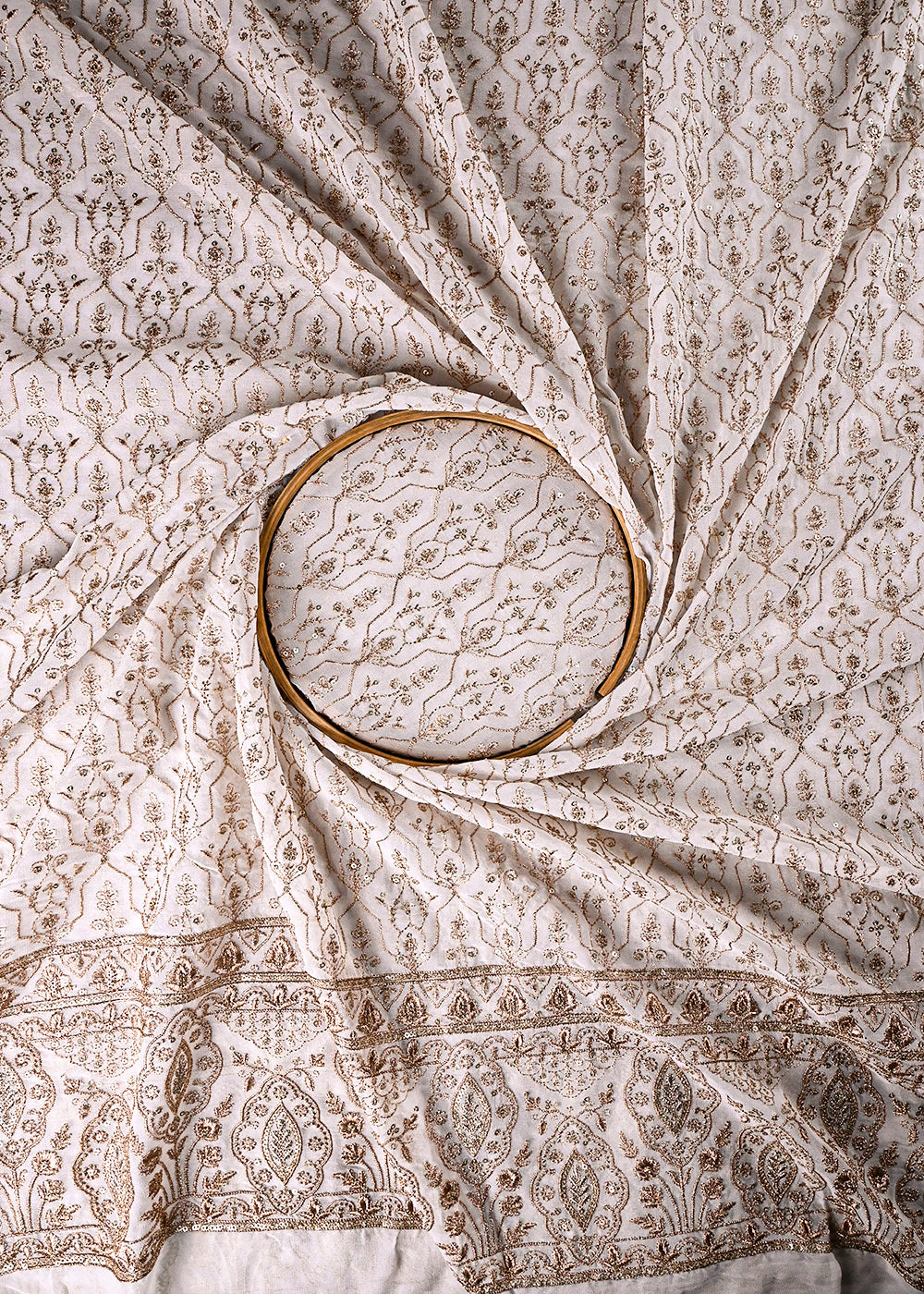 White Dyeable Georgette Fabric With All Over Zari And Sequins Work With One Side Border 23930