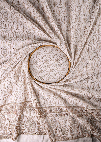 White Dyeable Georgette Fabric With All Over Zari And Sequins Work With One Side Border 23930