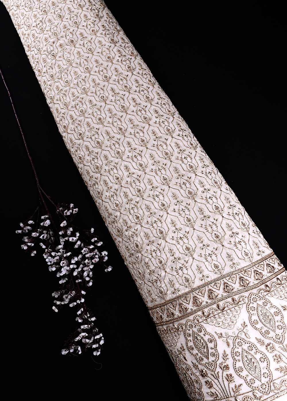 White Dyeable Georgette Fabric With All Over Zari And Sequins Work With One Side Border 23930