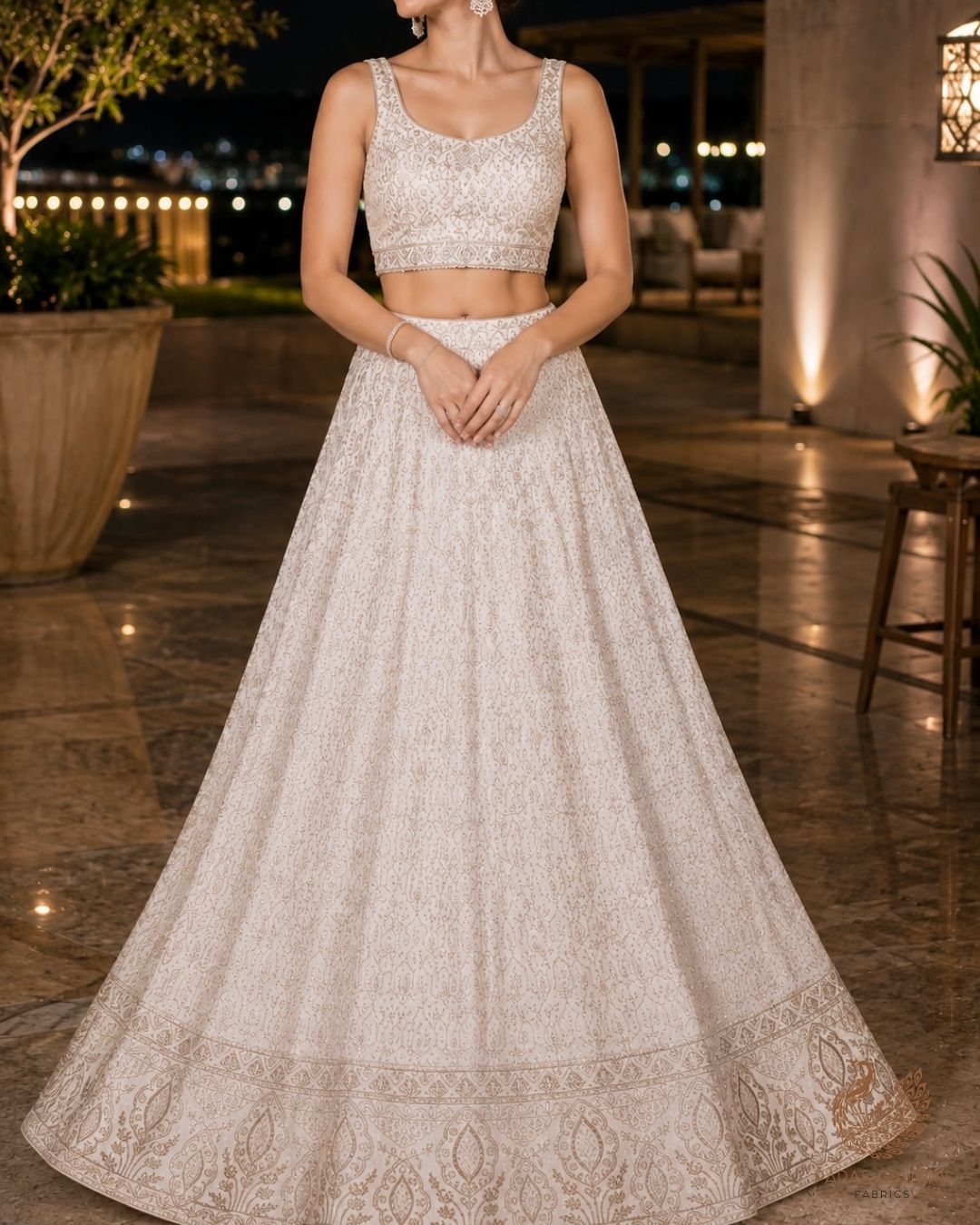 White Dyeable Georgette Fabric With All Over Zari And Sequins Work With One Side Border 23930