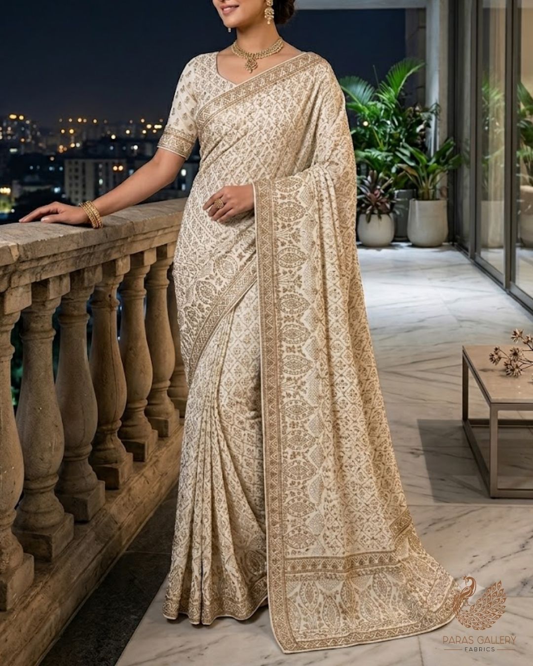 White Dyeable Georgette Fabric With All Over Zari And Sequins Work With One Side Border 23930