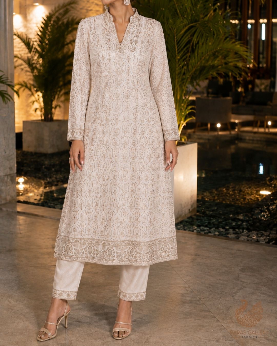 White Dyeable Georgette Fabric With All Over Zari And Sequins Work With One Side Border 23930