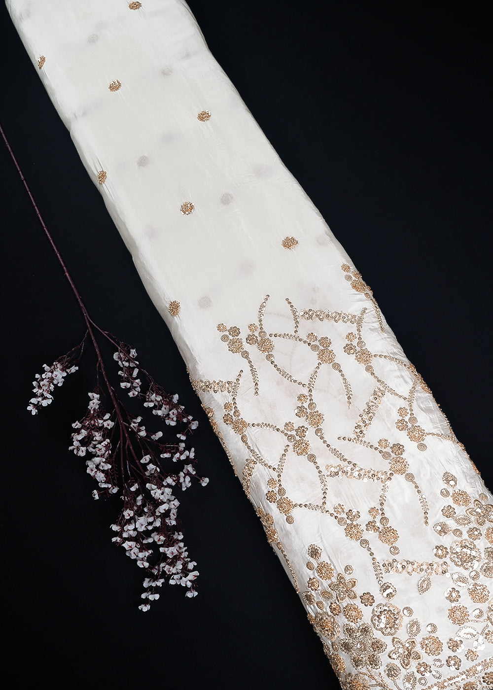 White Crepe Fabric With All Over Zari, Sequins And Katdana Work With One Side Heavy Border 23932