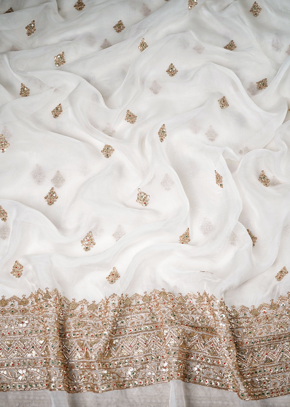 White Dyeable Organza Fabric With All Over Zari, Sequins And Katdana Work With One Side Border 23933