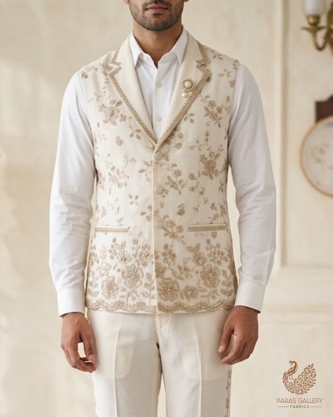 White Dyeable Georgette Fabric With All Over Zari And Sequins Work With One Side Border 23934