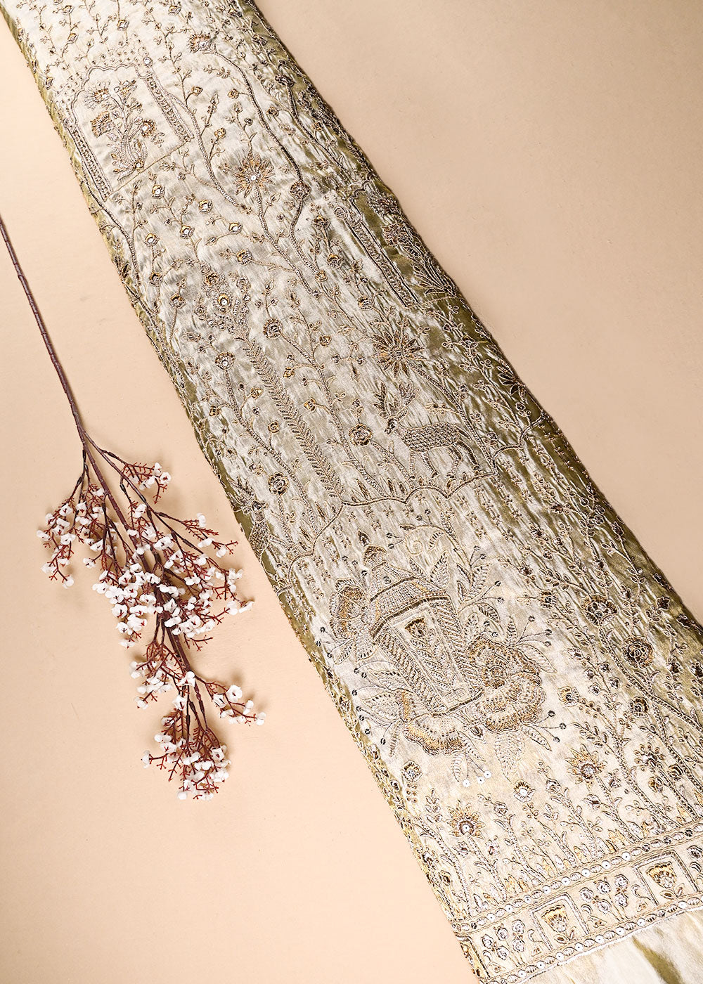 Golden Dyeable Tissue Fabric With All Over Zari, Sequins And Katdana Wrok With One Side Border 23936