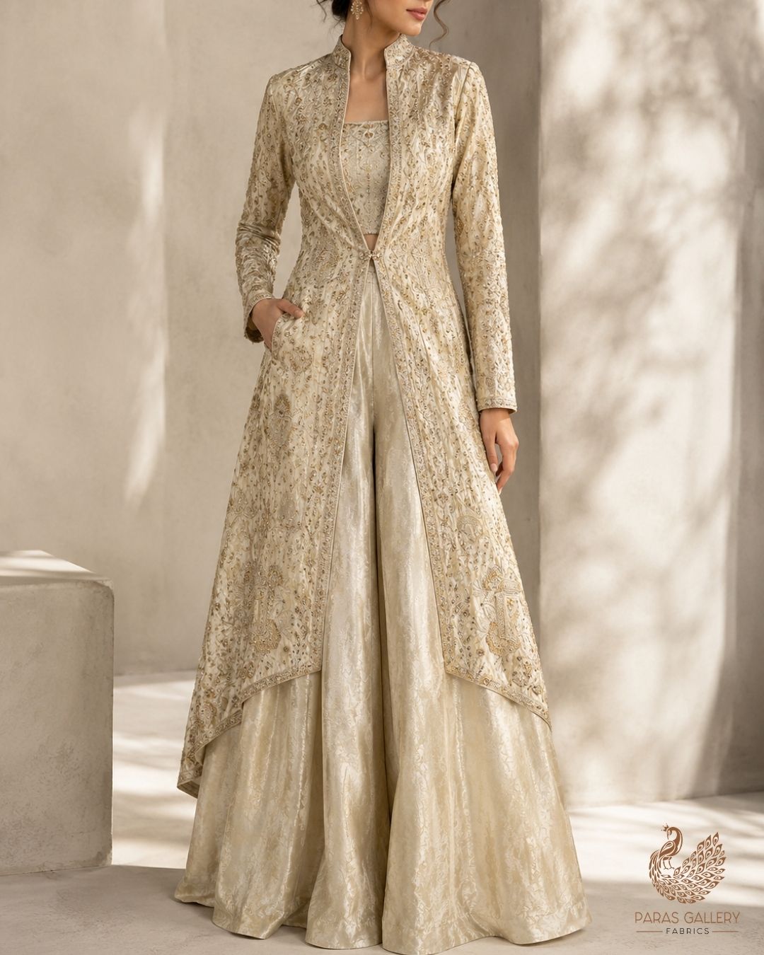 Golden Dyeable Tissue Fabric With All Over Zari, Sequins And Katdana Wrok With One Side Border 23936