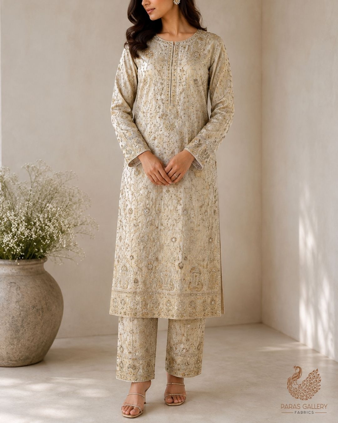 Golden Dyeable Tissue Fabric With All Over Zari, Sequins And Katdana Wrok With One Side Border 23936
