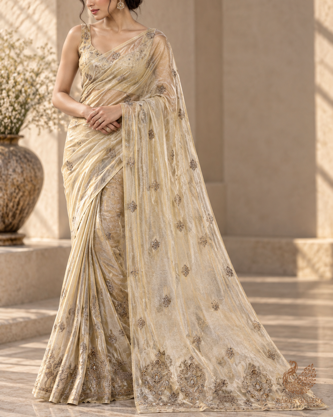 Golden Dyeable Tissue Dupatta Fabric With All Over Zari, Sequins And Katdana Work With One Side Border 23937