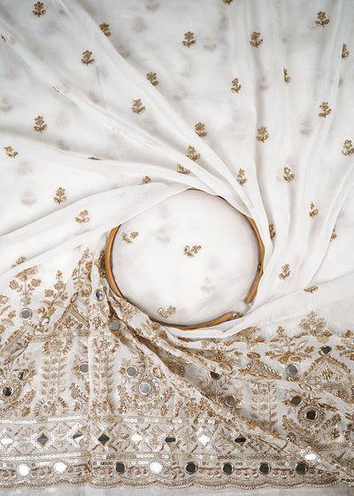White Dyeable Organza Fabric With All Over Zari, Sequins, Katdana And Faux Mirror Work With One Side Border 23946