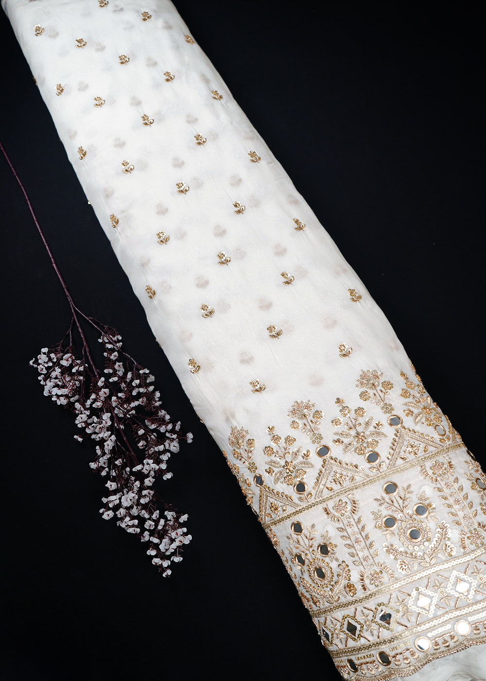 White Dyeable Organza Fabric With All Over Zari, Sequins, Katdana And Faux Mirror Work With One Side Border 23946
