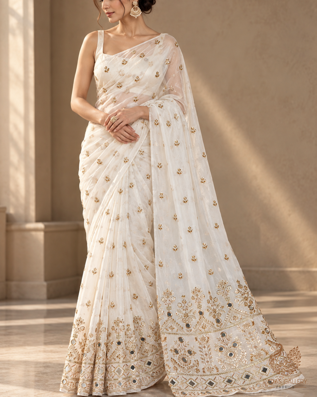 White Dyeable Organza Fabric With All Over Zari, Sequins, Katdana And Faux Mirror Work With One Side Border 23946