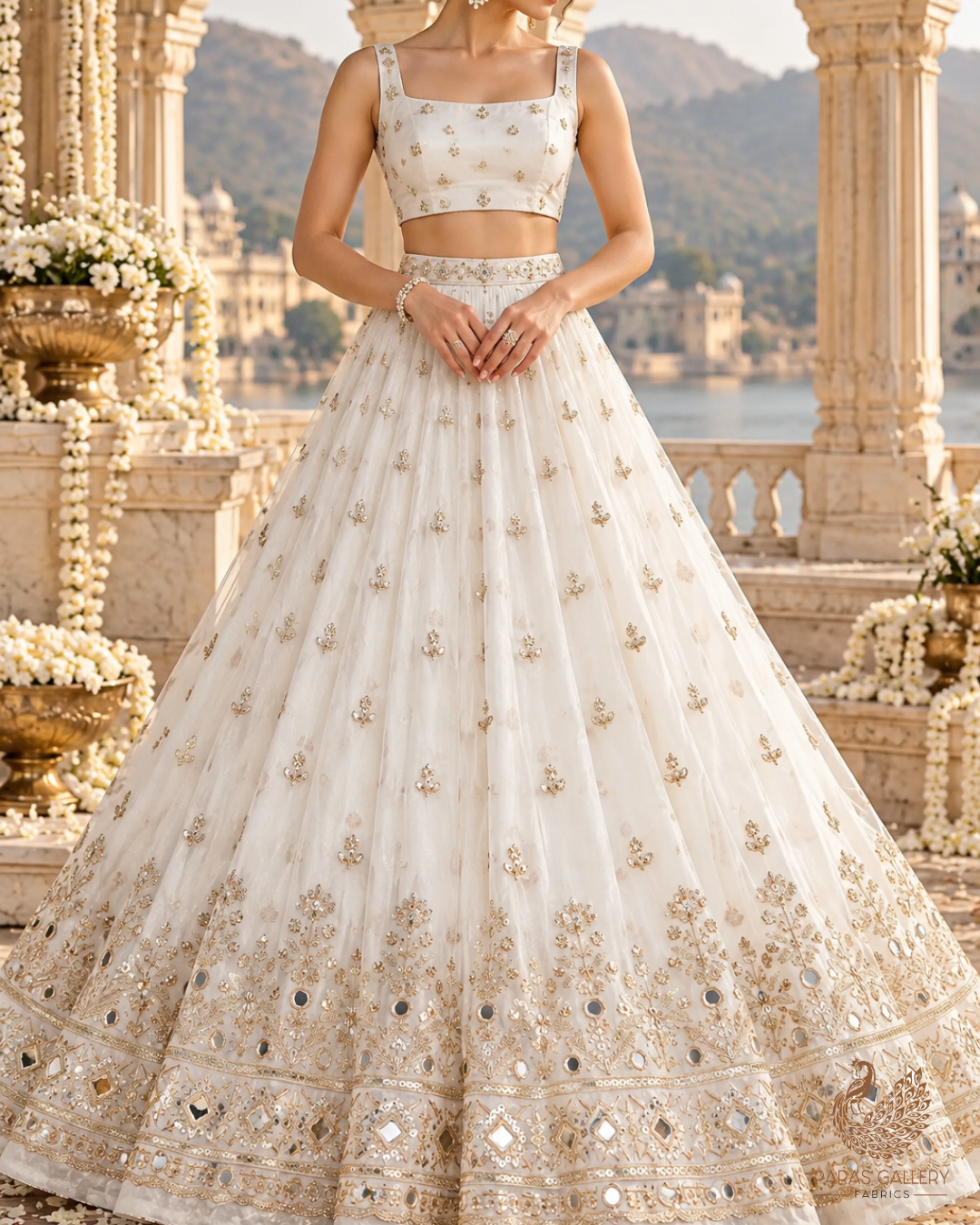 White Dyeable Organza Fabric With All Over Zari, Sequins, Katdana And Faux Mirror Work With One Side Border 23946