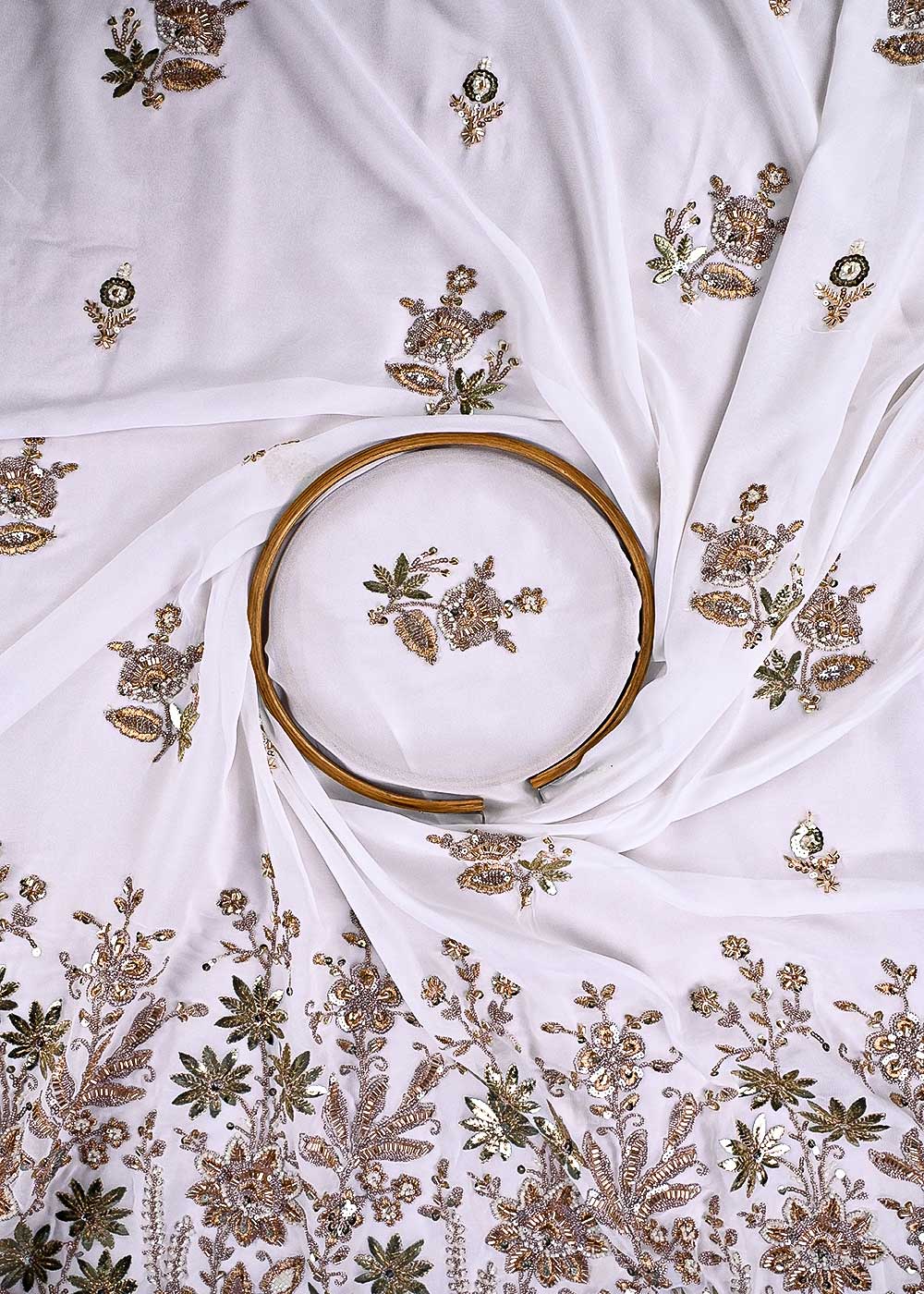 White Dyeable Georgette Fabric With All Over Zari, Sequins, Katdana, Bead And Gota Patti Work With One Side Scalloped Border 23947