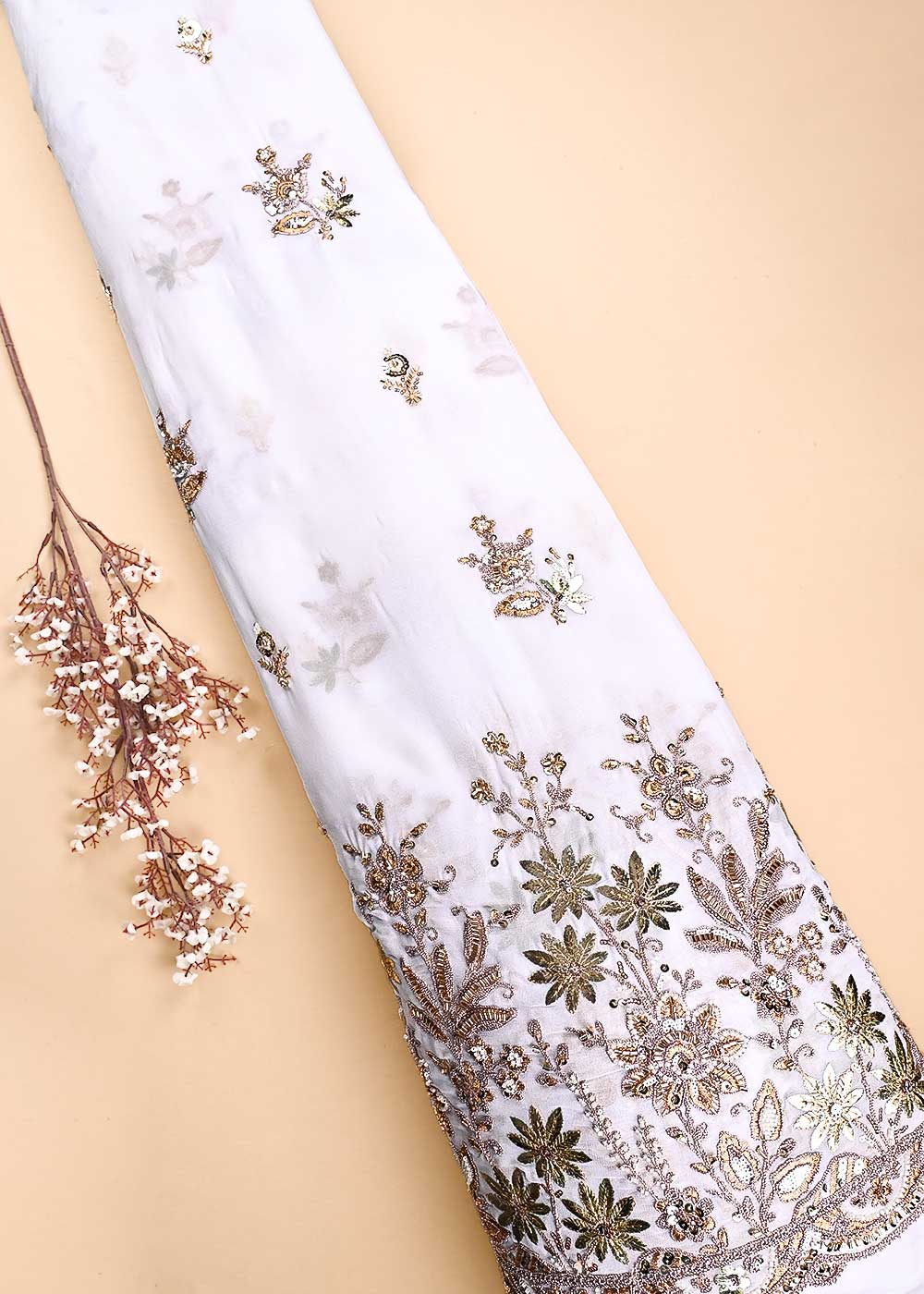 White Dyeable Georgette Fabric With All Over Zari, Sequins, Katdana, Bead And Gota Patti Work With One Side Scalloped Border 23947