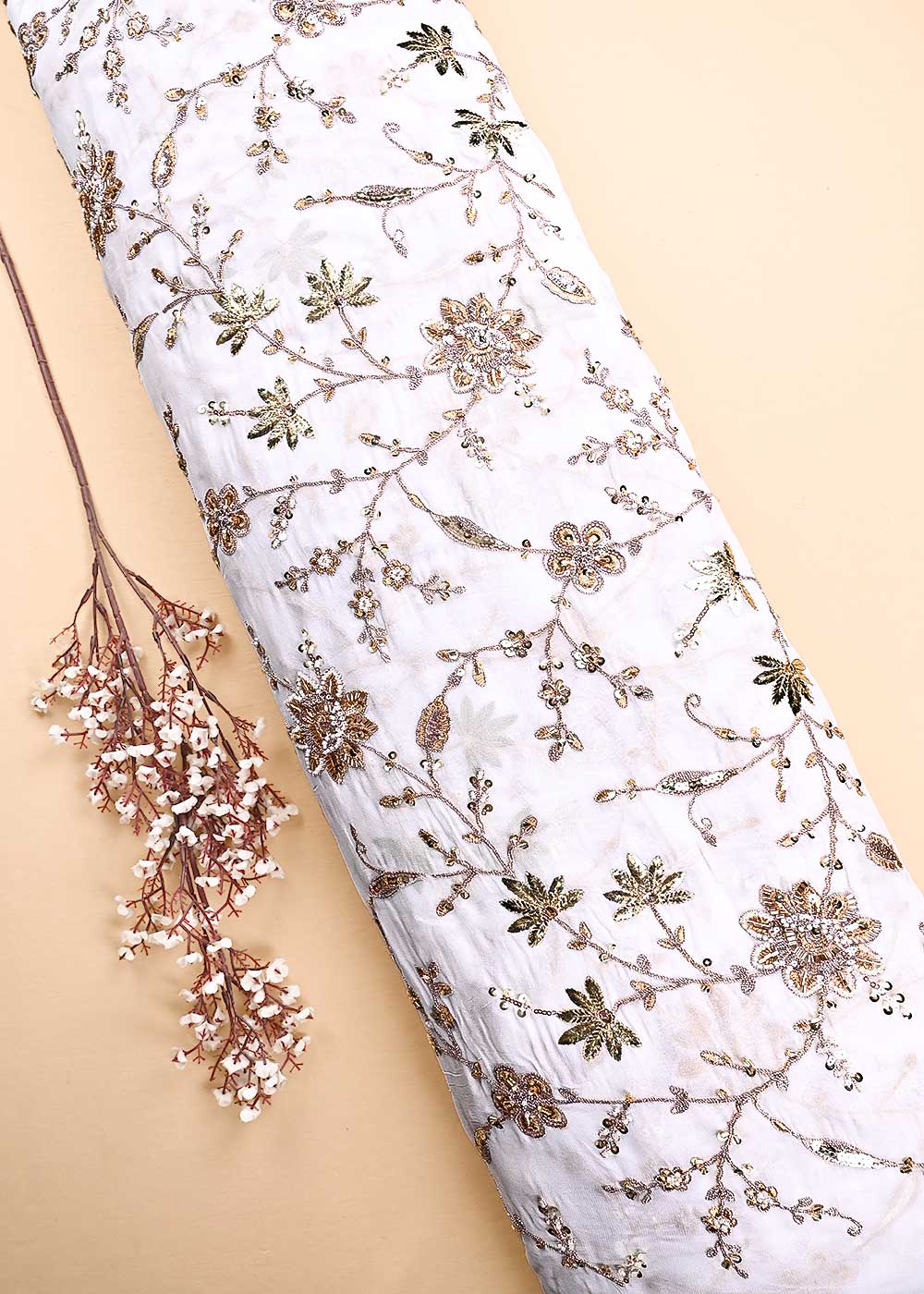 White Dyeable Georgette Fabric With All Over Zari, Sequins, Katdana, Bead And Gota Patti Work 23948