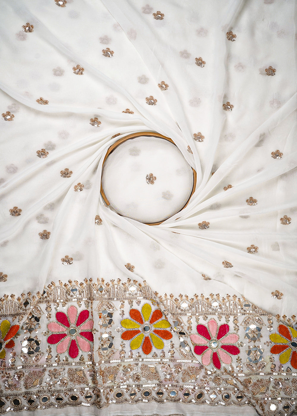 White Dyeable Georgette Fabric With All Over Thread, Sequins, Katdana, Bead And Faux Mirror Work With One Side Border 23949