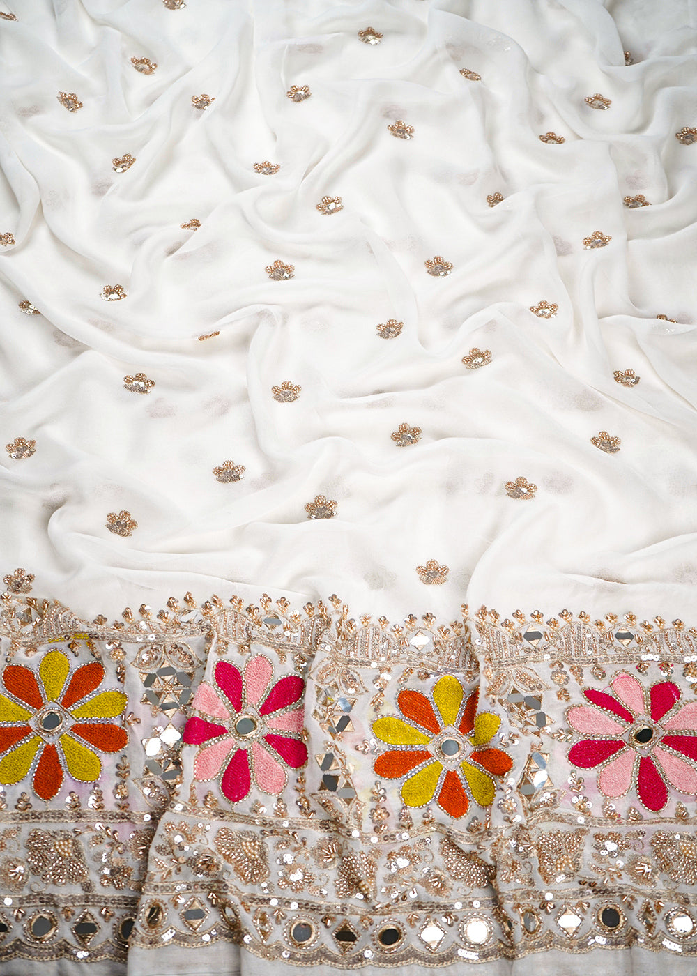 White Dyeable Georgette Fabric With All Over Thread, Sequins, Katdana, Bead And Faux Mirror Work With One Side Border 23949