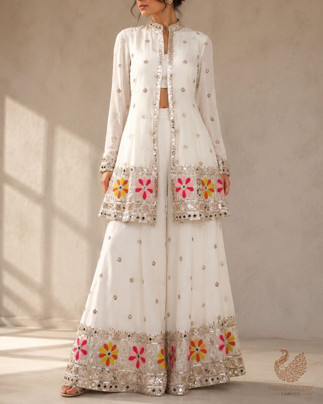 White Dyeable Georgette Fabric With All Over Thread, Sequins, Katdana, Bead And Faux Mirror Work With One Side Border 23949