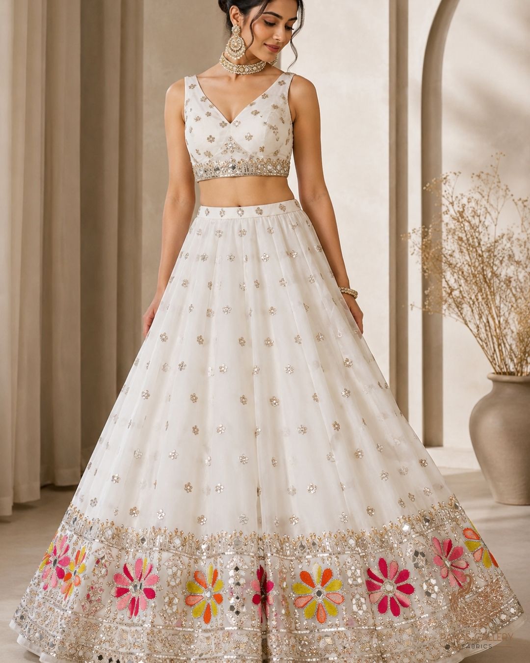 White Dyeable Georgette Fabric With All Over Thread, Sequins, Katdana, Bead And Faux Mirror Work With One Side Border 23949