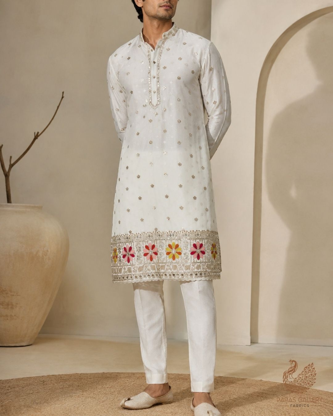 White Dyeable Georgette Fabric With All Over Thread, Sequins, Katdana, Bead And Faux Mirror Work With One Side Border 23949