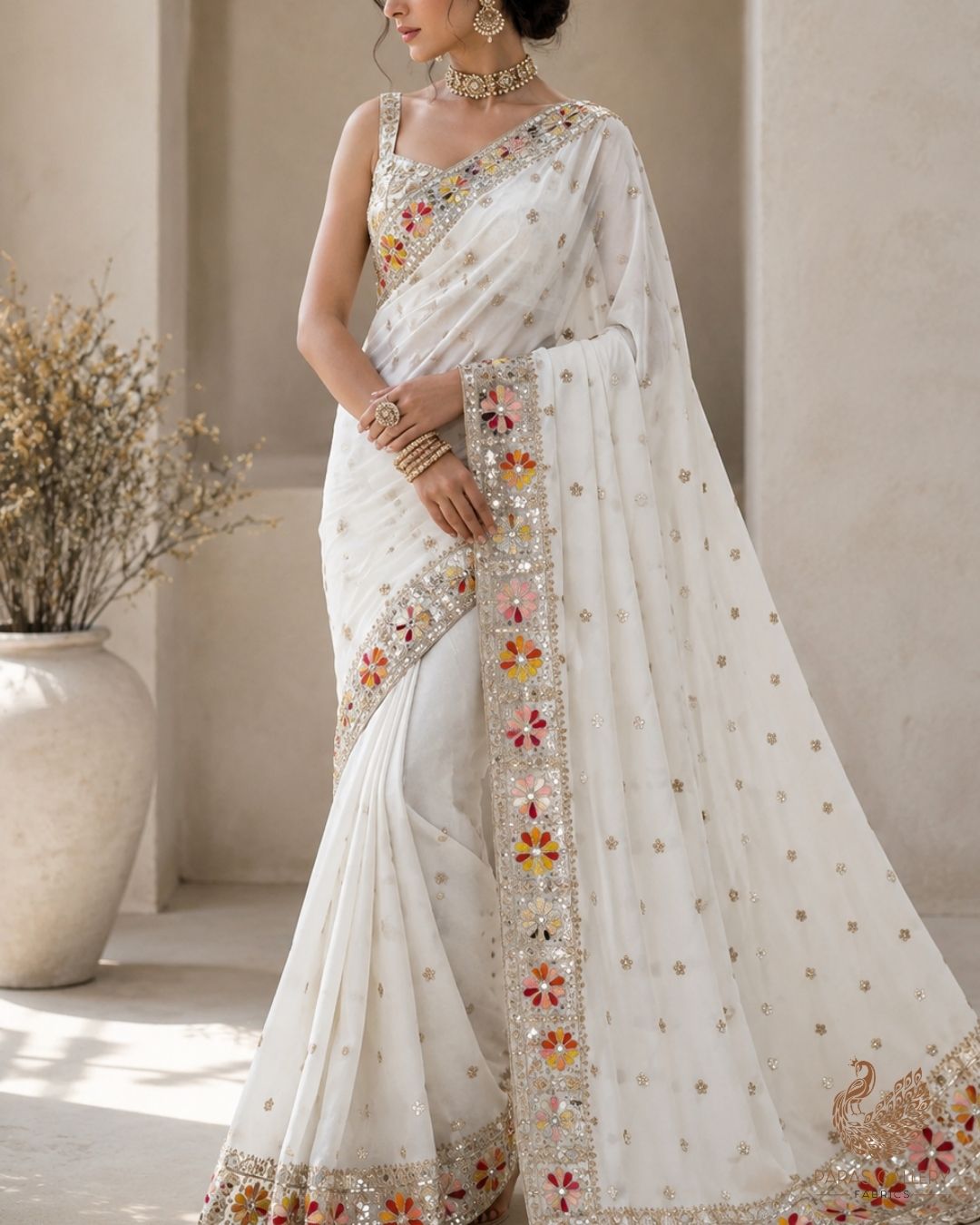 White Dyeable Georgette Fabric With All Over Thread, Sequins, Katdana, Bead And Faux Mirror Work With One Side Border 23949