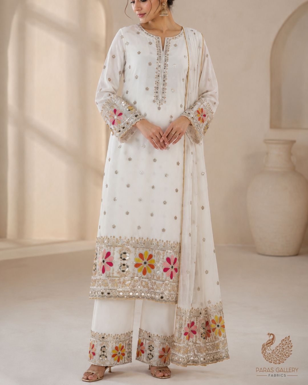 White Dyeable Georgette Fabric With All Over Thread, Sequins, Katdana, Bead And Faux Mirror Work With One Side Border 23949