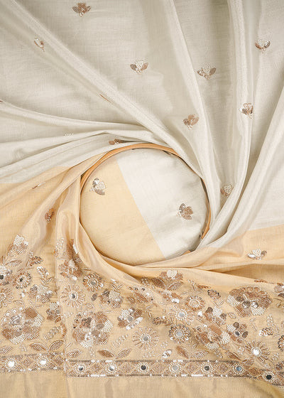 Silver Dyeable Tissue Fabric With All Over Katdana And Bead Work With One Side Golden Border 23950