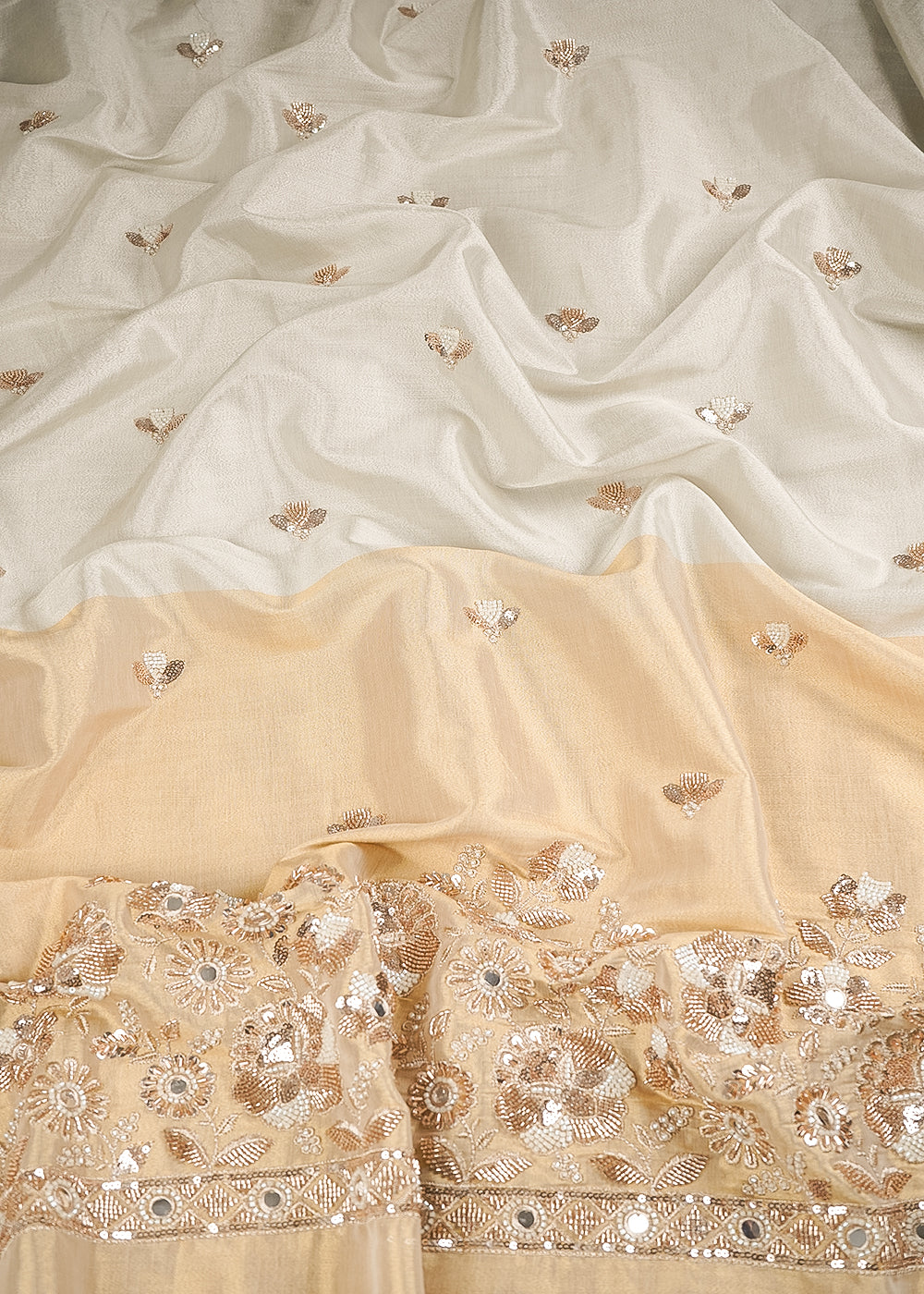 Silver Dyeable Tissue Fabric With All Over Katdana And Bead Work With One Side Golden Border 23950