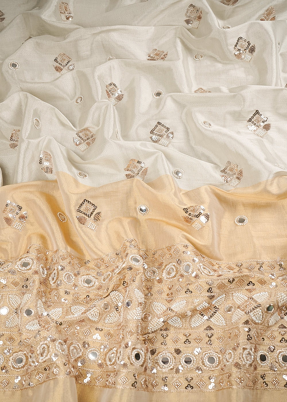 Silver Dyeable Tissue Fabric With All Over Katdana And Bead Work With One Side Golden Border 23951