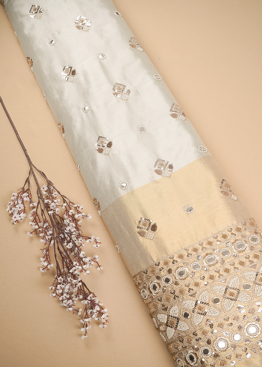 Silver Dyeable Tissue Fabric With All Over Katdana And Bead Work With One Side Golden Border 23951