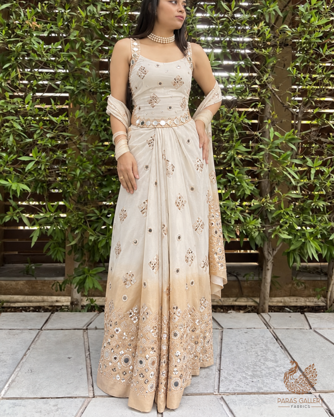 Silver Dyeable Tissue Fabric With All Over Katdana And Bead Work With One Side Golden Border 23951