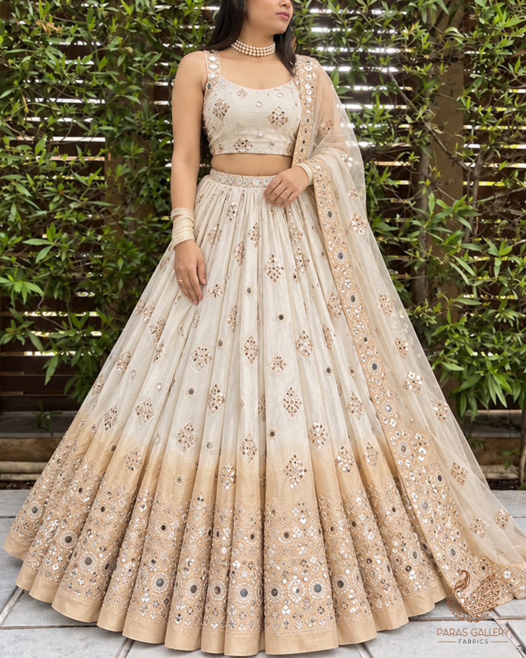 Silver Dyeable Tissue Fabric With All Over Katdana And Bead Work With One Side Golden Border 23951