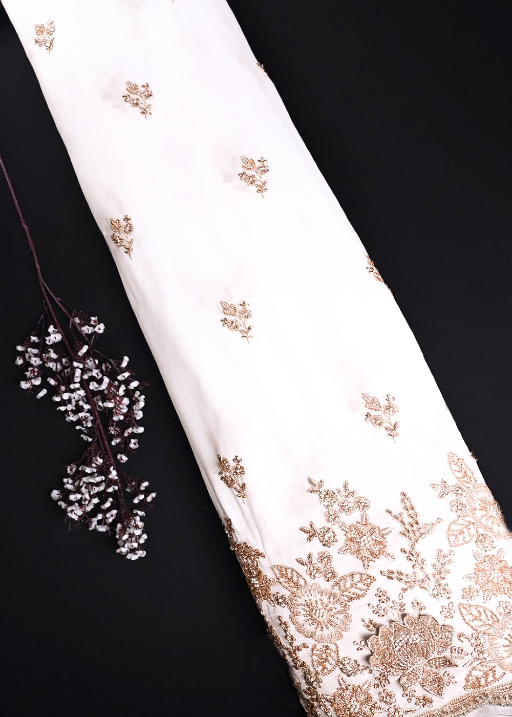 White Dyeable Georgette Fabric With All Over Zari, Sequins, Katdana And Bead Work With One Side Scalloped Border 23956