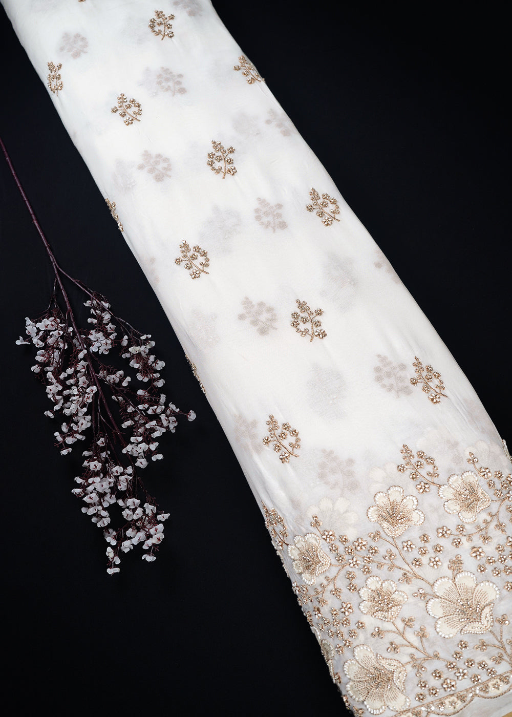 White Dyeable Georgette Fabric With All Over Zari, Sequins, Katdana And Bead Work With One Side Border 23957