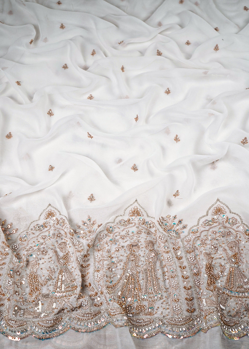 White Dyeable Georgette Fabric With All Over Zari, Sequins, Katdana And Bead Work With One Side Border 23958